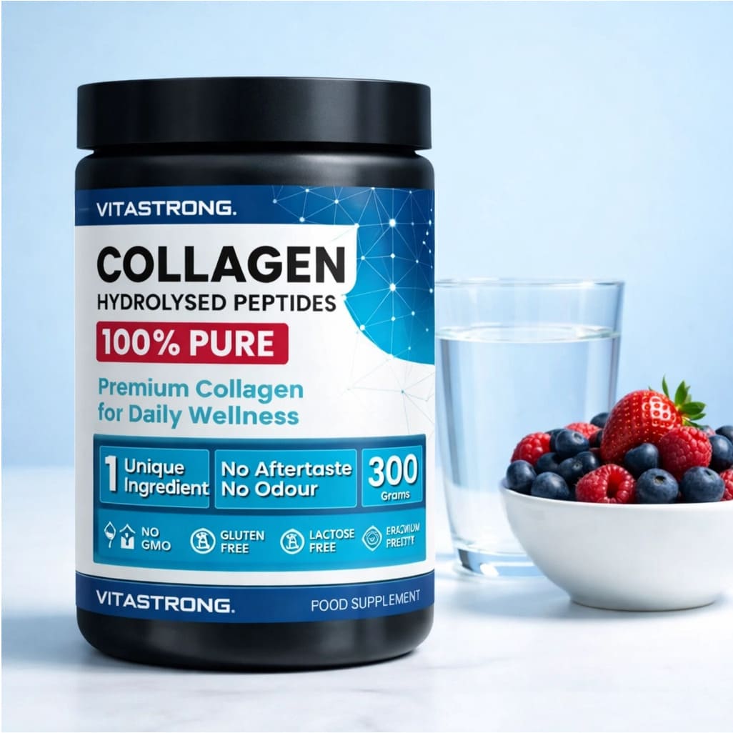 Close-up of VitaStrong unflavoured 300g collagen hydrolysed powder tub, a highly soluble protein supplement for coffee and smoothies, available in the UAE via Matjar.