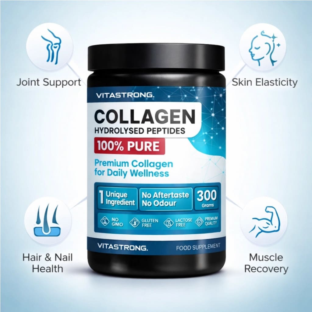 Premium VitaStrong bovine collagen peptides powder in a 300g tub, used for supporting skin elasticity, joint health, and muscle recovery, sold by Matjar UAE.