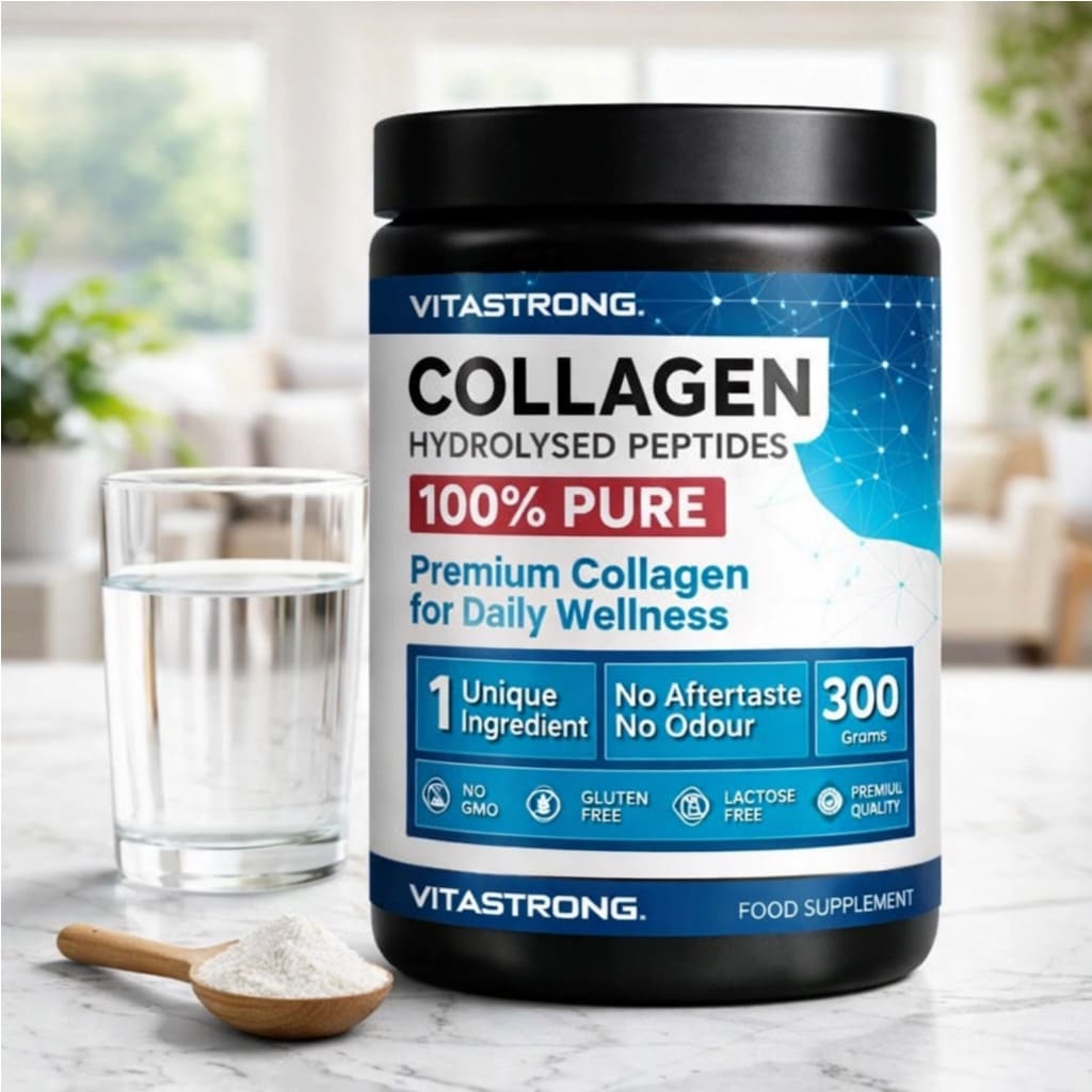 VitaStrong Collagen Hydrolysed 300g unflavoured bovine collagen powder tub, featuring the pure COLLinstant® formula on a clean white background, available at Matjar UAE.