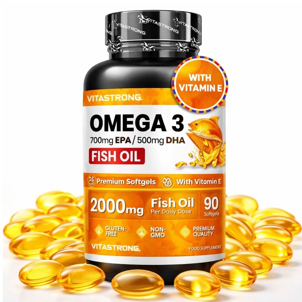 Omega 3 high-strength 90 softgels bottle with EPA and DHA, available from Herbal-Boutique Matjar UAE.