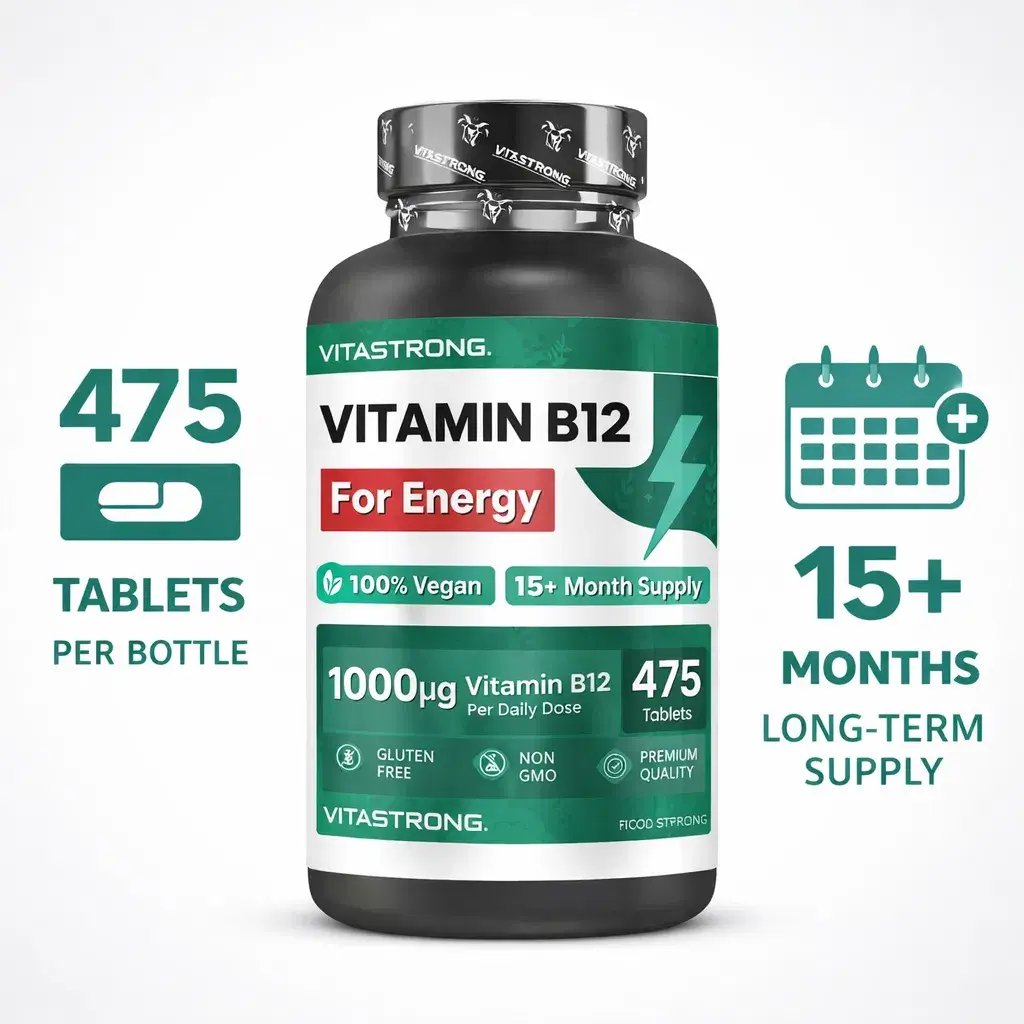 Vitamin B12 475 Vitastrong bottle and tablets displayed on a clean white surface, curated by a UAE wellness store for daily energy support.