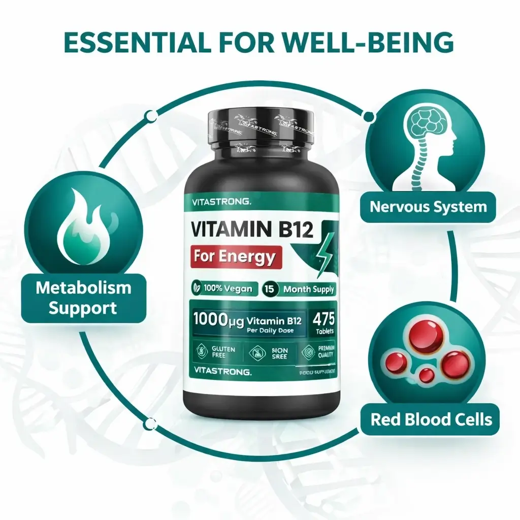 Vitamin B12 475 Vitastrong bottle and tablets displayed on a clean white surface, curated by a UAE wellness store for daily energy support.