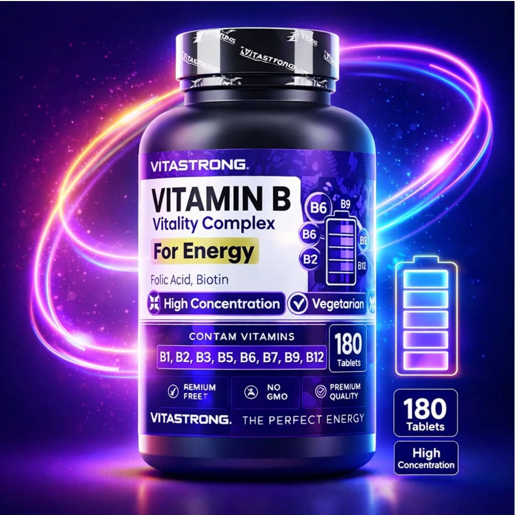 Bottle of high-potency Vitamin B complex capsules for sustained daily energy and metabolic support