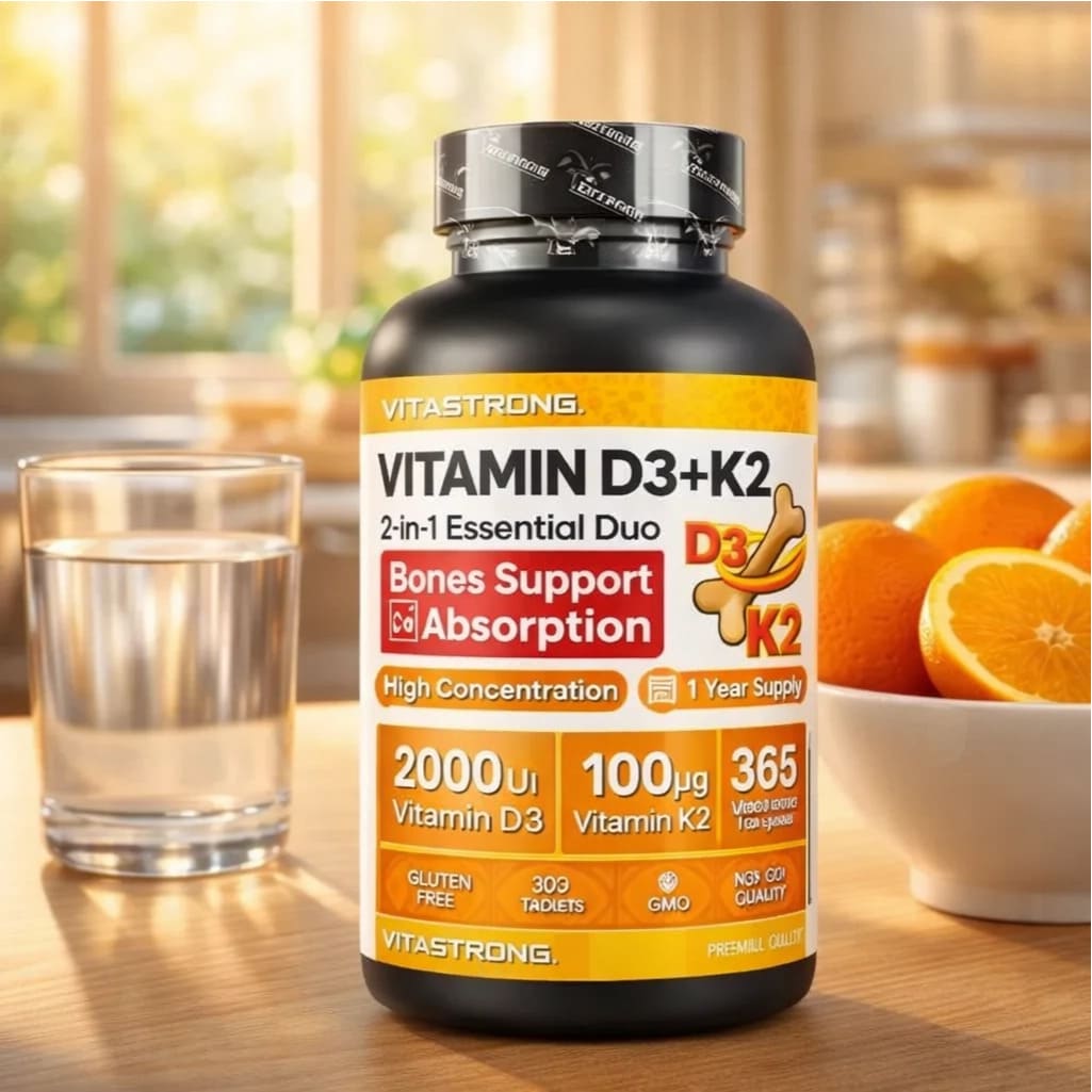 Close‑up of Vitamin D3+K2 capsule blister and supplement facts panel showing 2000 IU vitamin D3 and 100 mcg vitamin K2 MK‑7 per serving.