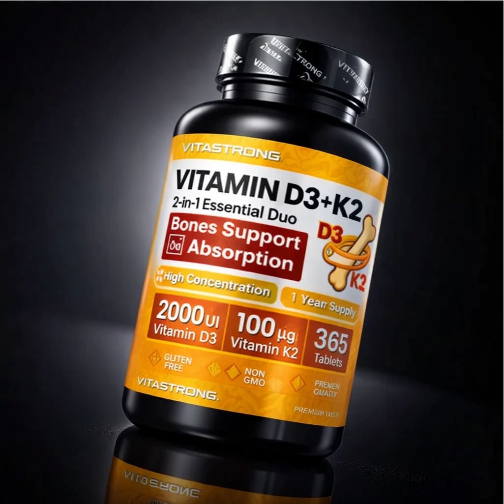 Close‑up of Vitamin D3+K2 capsule blister and supplement facts panel showing 2000 IU vitamin D3 and 100 mcg vitamin K2 MK‑7 per serving.