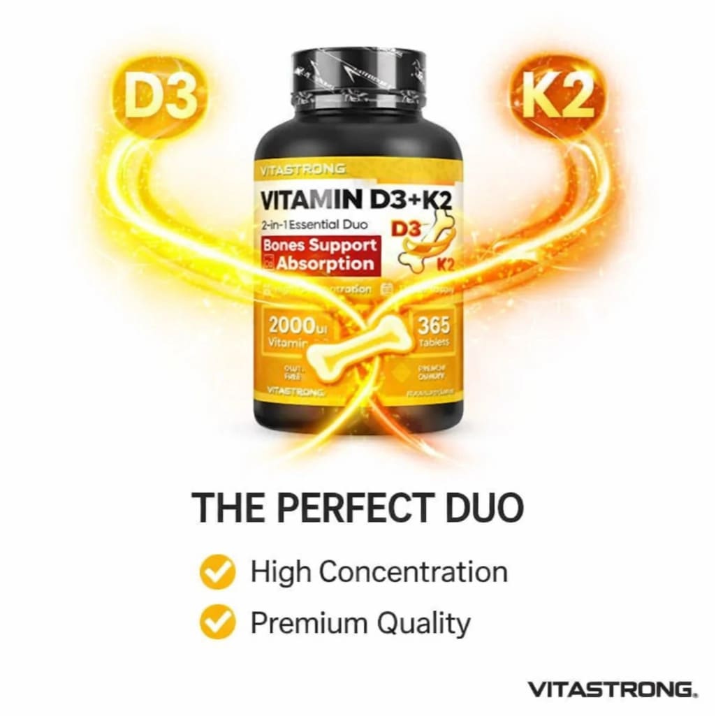 Vitamin D3+K2 365 Capsules Italian‑made annual supply bottle on a clean white background, curated for UAE customers.