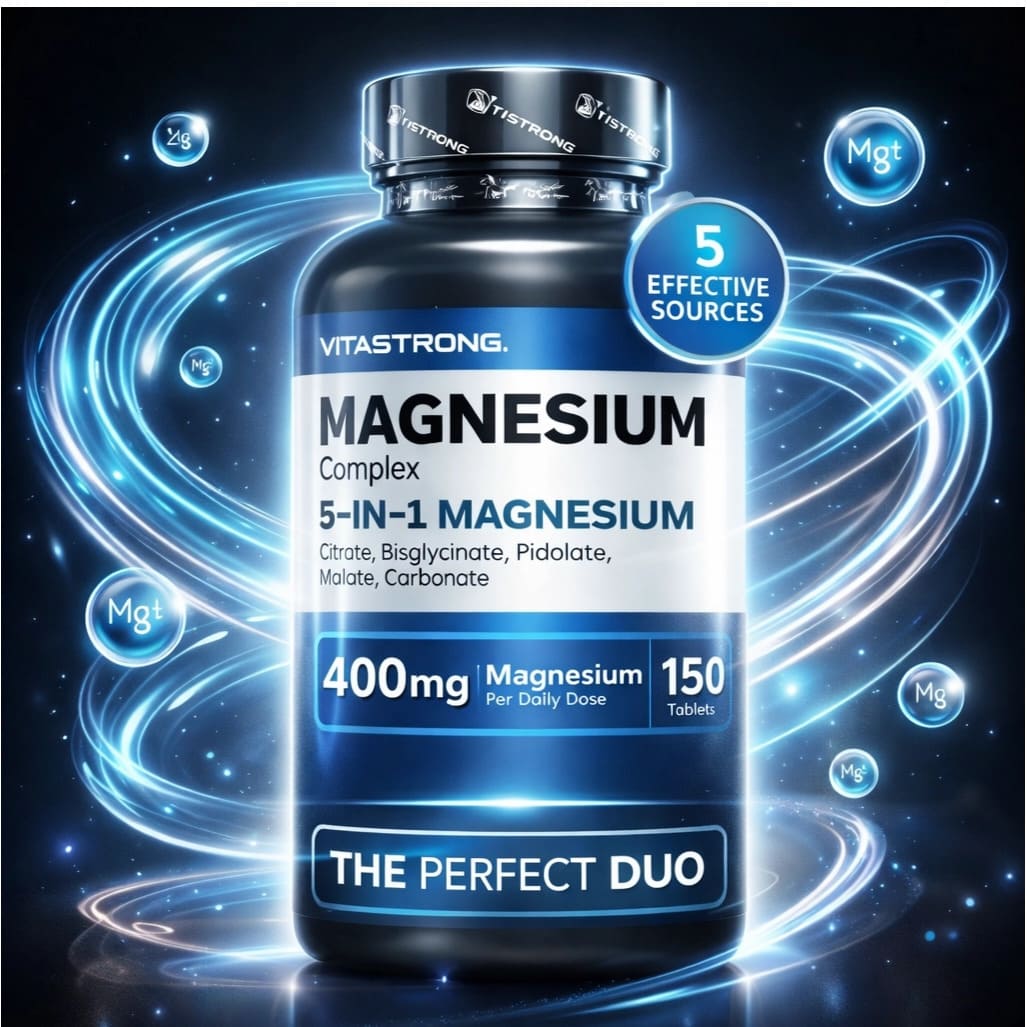 Adult in Dubai placing Magnesium Complex capsules next to water glass as part of simple evening wellness routine.”