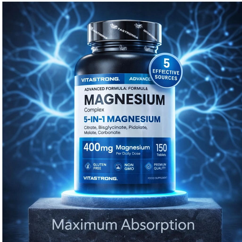 Adult in Dubai placing Magnesium Complex capsules next to water glass as part of simple evening wellness routine.”